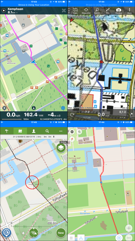 Screenprints GPS-apps op iPhone 6 Plus. Pocket Earth Pro (linksboven), Topo GPS (rechtsboven), ViewRanger (linksonder), OsmAnd (rechtsonder)