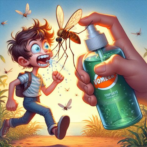 Illustratieve afbeelding dat een mug, een kind en een niet-bestaand insectwerend middel verbeeld, gegenereerd met AI